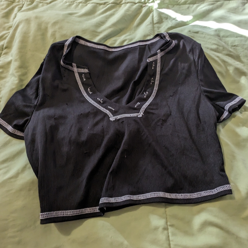 SHEIN Black Ribbed Top with White Stitching